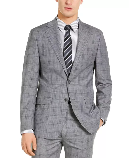 CALVIN KLEIN Suit Jacket Mens 40L Light Gray Blue Plaid X Slim Fit Infinite NWT