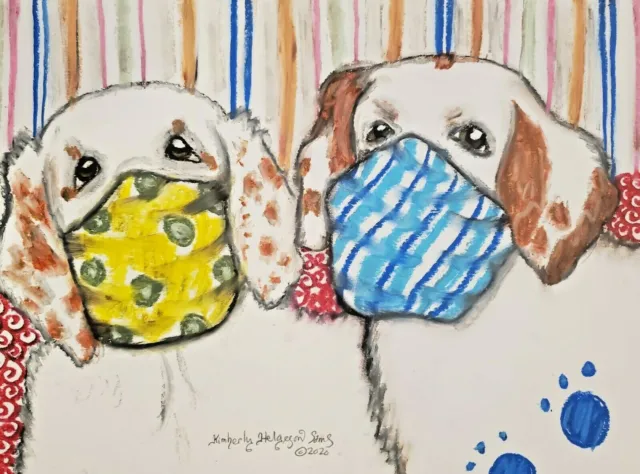 CLUMBER SPANIEL in Quarantine Masks dog art 9x12 pastel painting by artist KSams