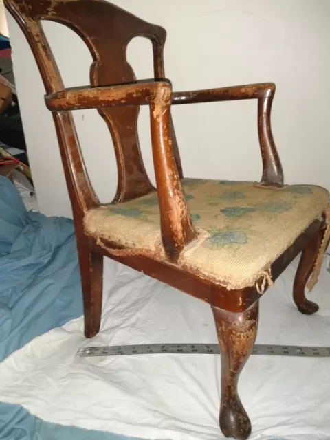 Child's Chair Queen Anne Revival Needle Point Seat Blue Flowers antique