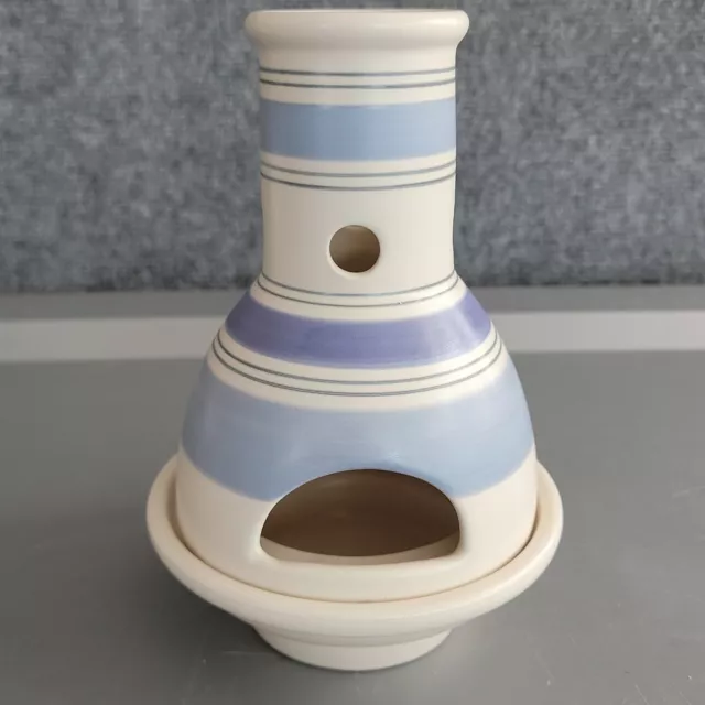 Pfaltzgraff RIO Pattern Chiminea Tea Light Holder Ivory w/Blue Stripe 7.5" Tall