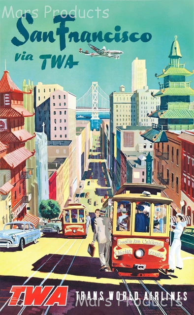“San Francisco via TWA” 1950s Vintage Style Air Travel Poster 24x36