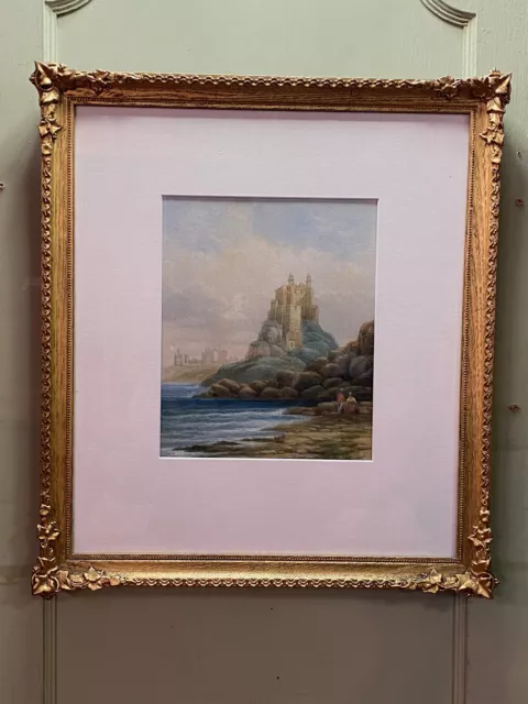 Watercolour Painting - 19th Century 'Castle on a Rocky Coast' in a Gilded Frame