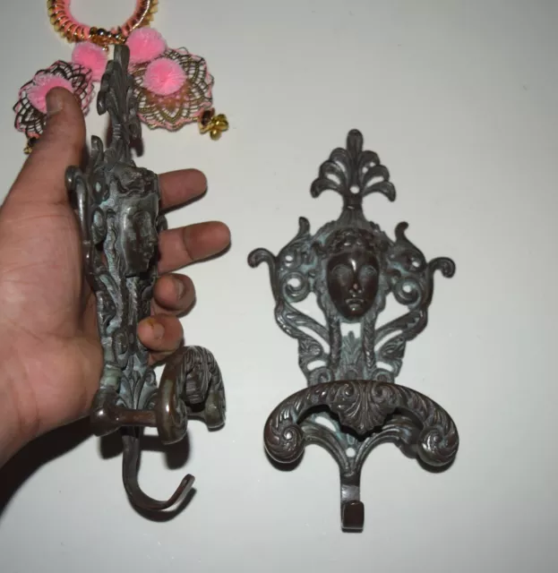 Set of 2 Brass Angel Hook Braided Girl Face Wall Hanger With Floral Design HK468 12