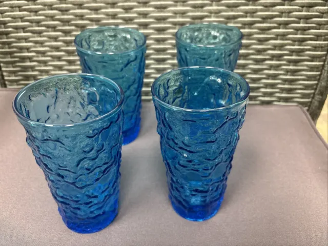 4 Vintage Anchor Hocking Lido Milano Aqua Blue Glass Ice Tea 5” Drinking Glasses