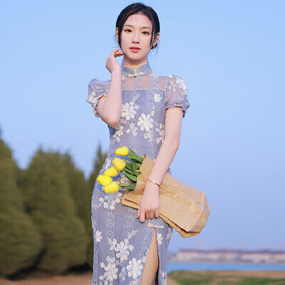 Blue Lace Cheongsam Embroidery Dress Chinese Traditional Sexy Slim Qipao Gown