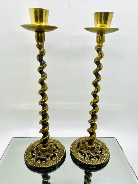 Vintage Mid 20th Century Brass Twisted Candlesticks