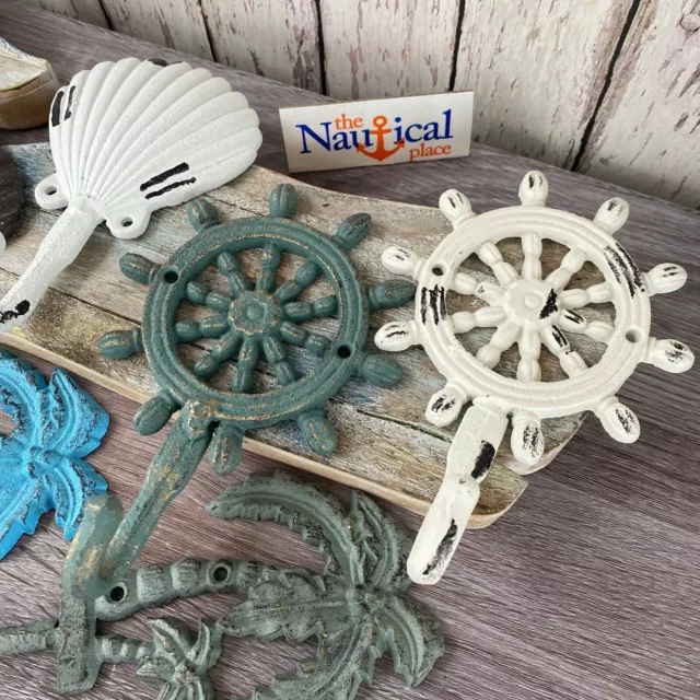 Nautical Cast Iron Wall Hooks - Palm Tree, Seashell, Ship Wheel - Towel Hanger 3