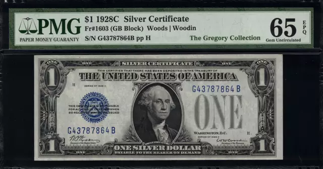 1928C $1 Silver Certificate FR-1603 G-B Block - Graded PMG 65 EPQ - GEM UNC.