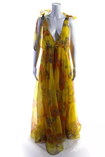 Staud Womens Floral Organza Surplice Sleeveless Maxi Dress Yellow Orange Size 10