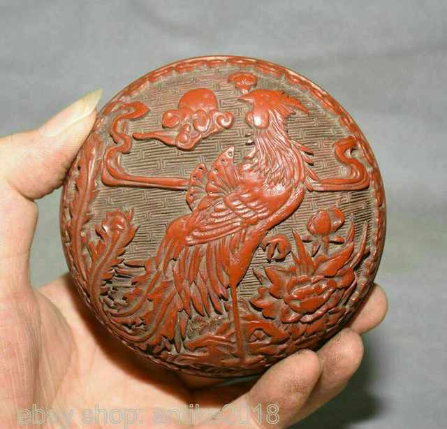 4" Rare Old Chinese Red Lacquerware Palace Dynasty Phoenix Flower Jewelry Box