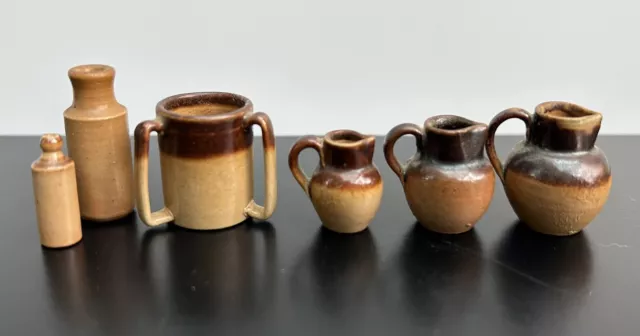 6 Rare Doulton Lambeth Miniature Salt-glaze Jugs, Loving Cup, Bottles