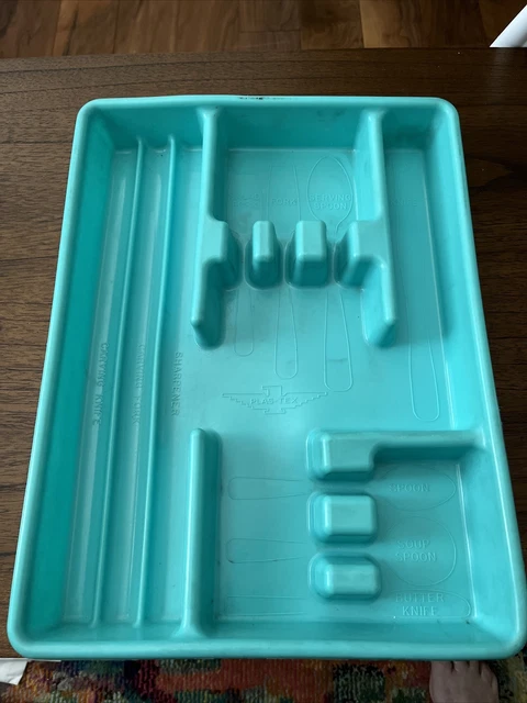 VTG Plas-Tex Turquoise Drawer Organizer Silverware Flatware Utensil Holder Tray