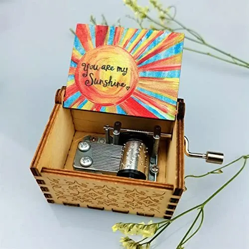 You are My Sunshine Wood Music Boxes,Hand Crank Wooden Vintage Laser Engraved