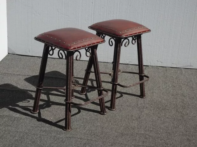 Pair Vintage Ornate Wrought Iron Bar Stools Leather Seats ~ Spanish Style Clavos 3