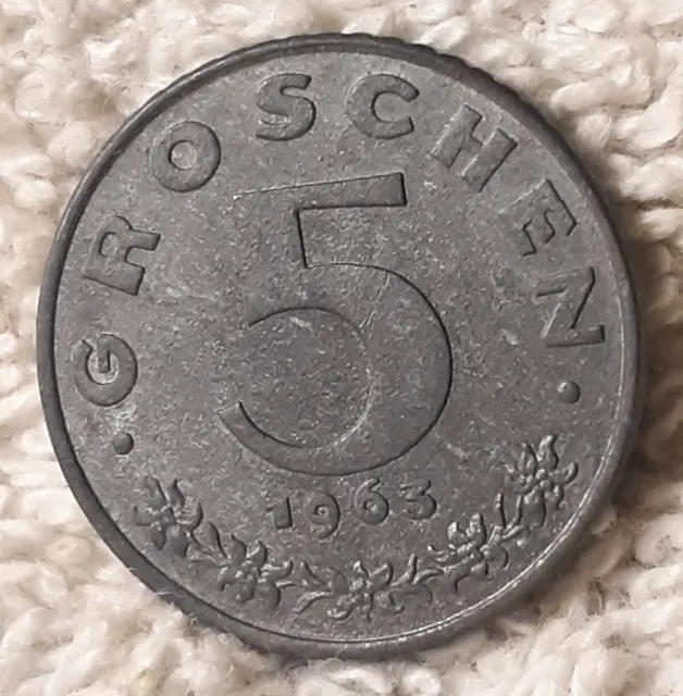 1963 Austria 5 Groschen coin , Imperial Eagle With Austrian Shield , Europe