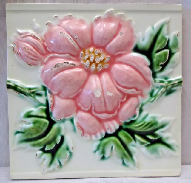 Majolica Tile Vintage Art Nouveau Ceramic Glazed Saji Japan Embossed Rose #465