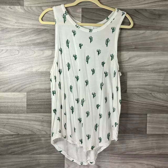 Grayson Threads Womens Tank Top White Cactus Sleeveless Scoop Neck High Low L