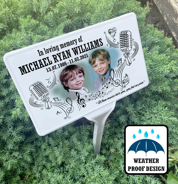 Grave marker, memorial stake and photo plaque, Garden or cemetery, Music themed.
