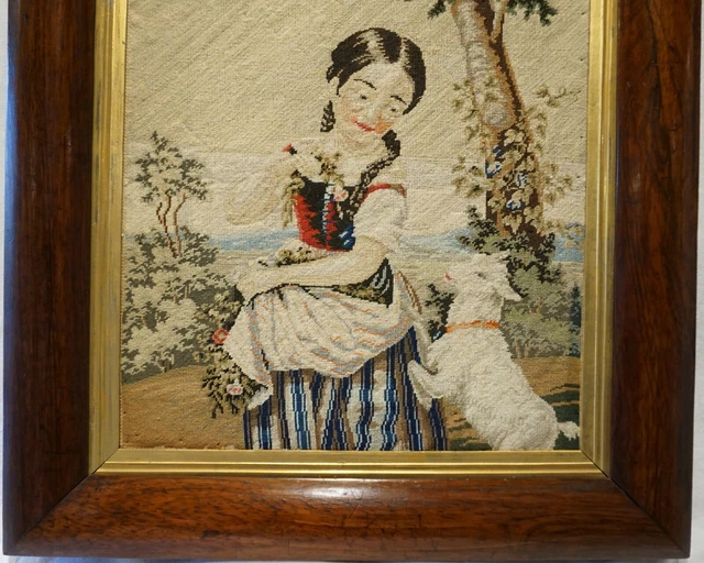 MID 19TH CENTURY NEEDLEPOINT OF YOUNG GIRL WITH HER PET KID GOAT - c.1860 3