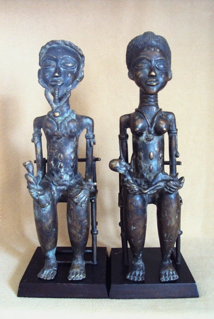 2PCS RARE BRONZE BENIN BAULE KING & QUEEN African Carving Statue CUSTOM THRONES!