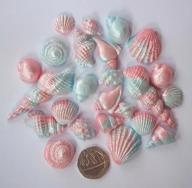 24 Edible Fondant Mermaid Pink & Blue Pearl Shimmer Sea Shells, Cake Decorations