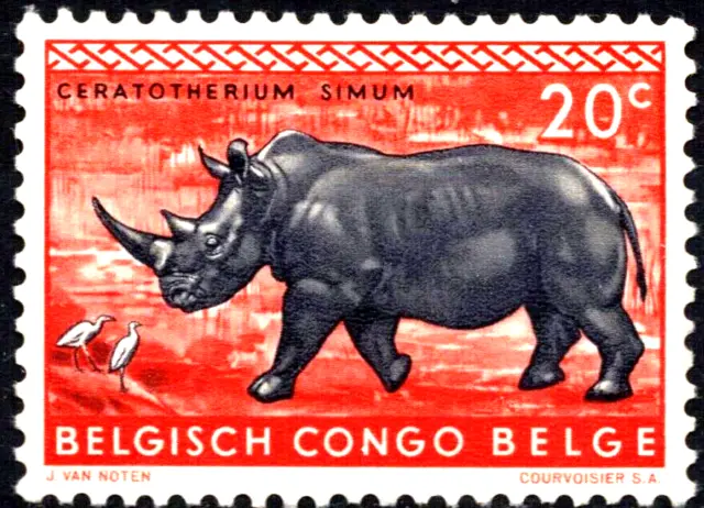 Belgian Congo Stamp African Animals White Rhinoceros Sc #307 20 c MNH 1959