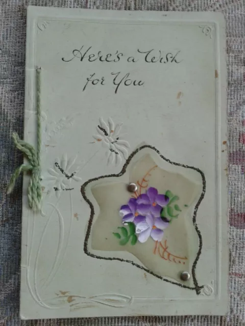 Vintage embossed Happy Christmas Card Here's a Wish For You violets on ivy leaf