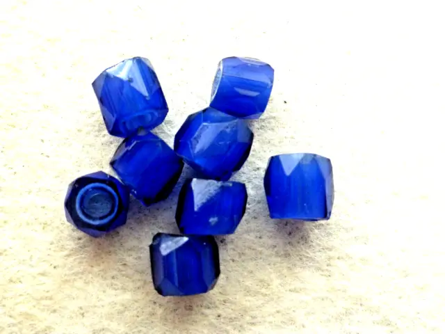 Antique   Russian Made 8 Pcs  Cobalt Blue Tube Shape  Faceted Glass Trade Beads