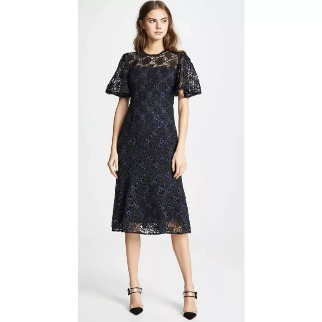 Shoshanna Harmonia Lace Eyelet Flutter Sleeve Dress Womens 10 Blue Black