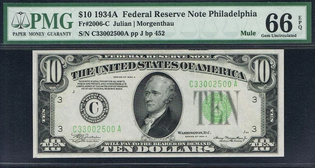 MULE NOTE.  $10 1934A Philadelphia Mule FRN. Fr. 2006-Cm. PMG 66 EPQ.
