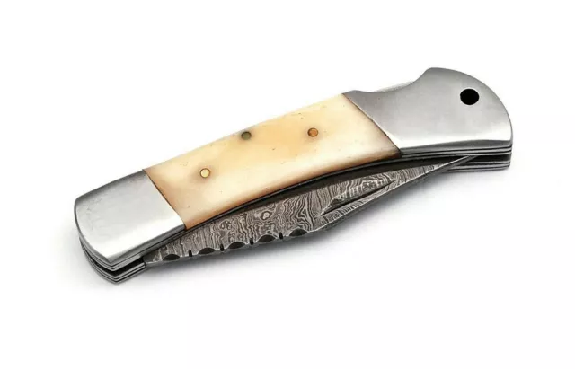 Handmade Damascus Folding Lock Back knife with Camel Bone Handle(CK1057)