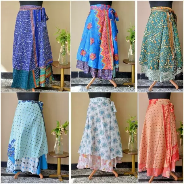 Indian Vintage Silk Sari Recycled Wrap Around Skirt Reversible Women Lotto...