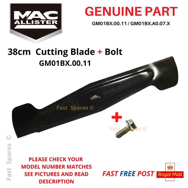 MAC ALLISTER MLMP16002 Lawnmower 38cm Cutting Blade + Bolt FAST POST £