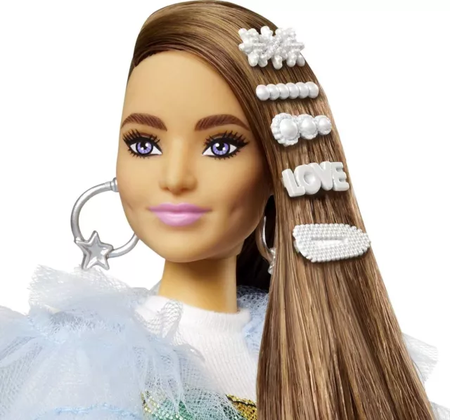 Barbie Extra Doll #9 in Blue Ruffled Jacket with Pet Crocodile, Long Brunette Ha 3
