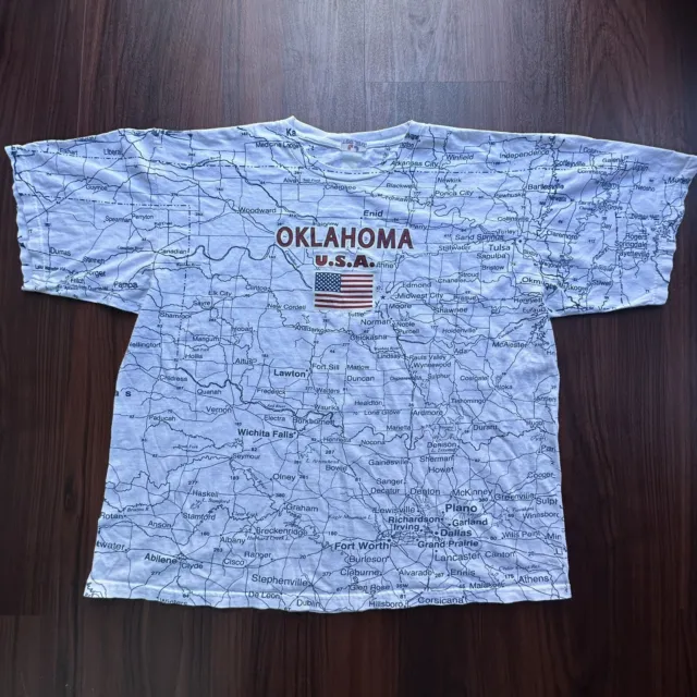 Vintage 90s Oklahoma State Map T Shirt Men’s Size 2XL All Over Print USA