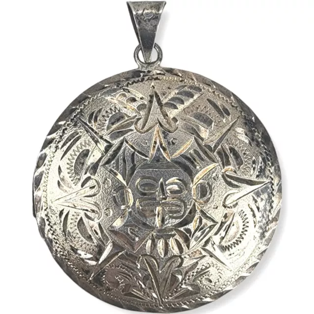 Vintage Antique Stamped Aztec 925 Sterling Etched Mexican 2" Round Dome Pendant