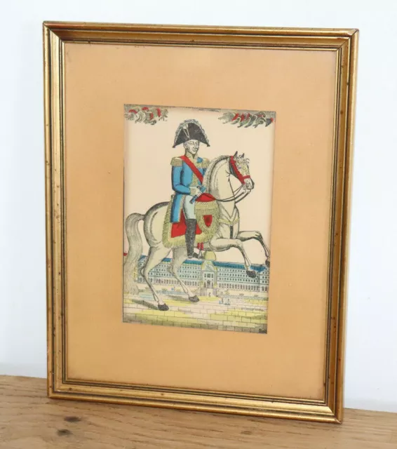 Ancienne Gravure Colorée , Militaire Sur Son Cheval , Couvre Chef