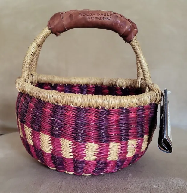 BOLGA Ghana African Handwoven Market Basket Leather Wrapped Handle Natural Small