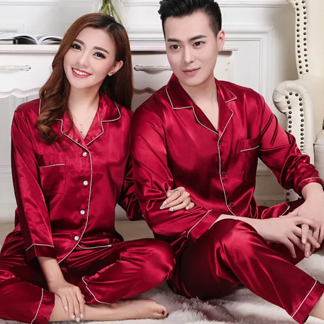 Men Women Silk Satin Pajamas Set Couple Sleepwear Lovers Unisex Nightwear Plus