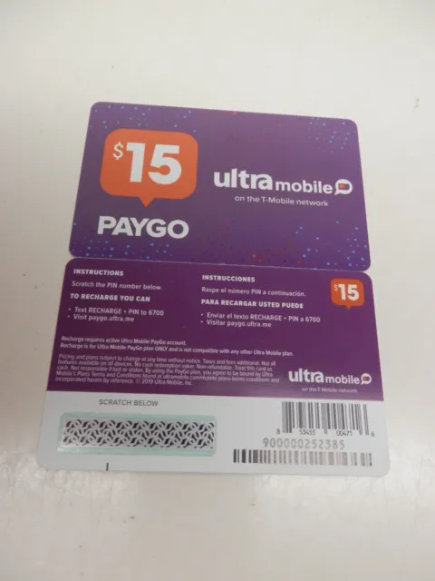 Ultra Mobile PAYGO Prepaid $15 Refill Top-Up RECHARGE Card