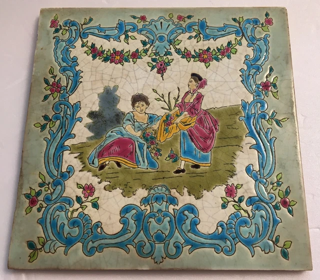 Rokoko Comtesses with Roses Emaux GIEN Art Nouveau Tile Fliese Jugendstil Tegel