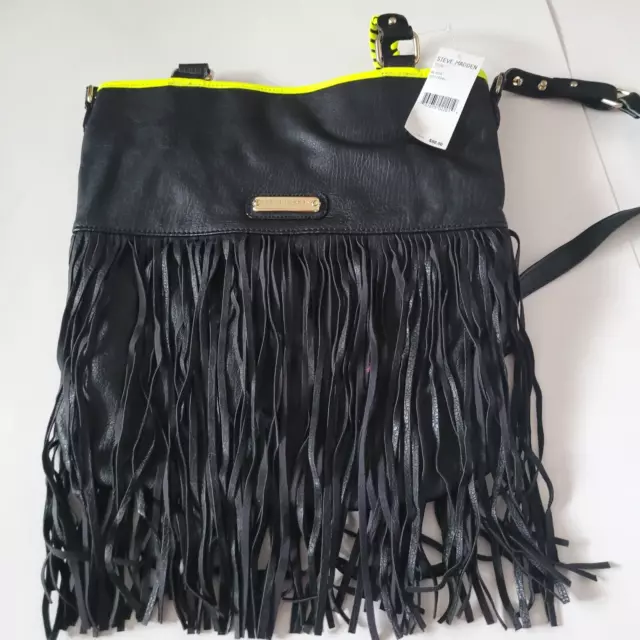 NEW Steve Madden Shoulder Bag Crossbody Black Fringe MED BOHO Faux Leather neon