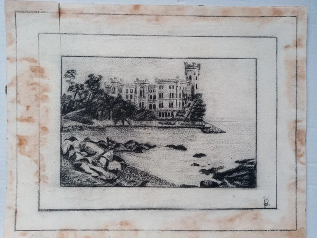 Antico disegno carboncino Castello di Miramare Trieste firmato