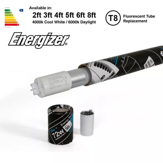 LED T8 Fluorescent Tube Replacement Energizer 2ft 4ft 5ft 6ft Comes With Starter