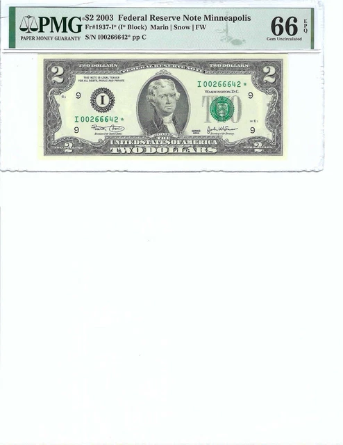 2003 $2 Federal Reserve Note FR1937I* PMG 66 Gem UNC EPQ, Star Note!!!