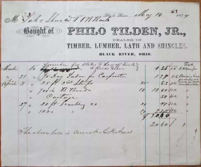 Black River, OH 1874 Letterhead, Timber Lumber Lath Shingles, Ohio