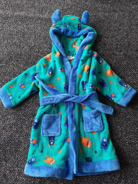 Mini Club boys blue green monster fleece dressing gown robe age 12-18 months