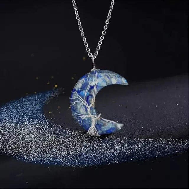 Lapis Lazuli Healing Crystal Necklace Pendant Tree Life Wire Wrapped Moon Gift