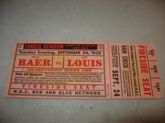 Max Baer Vs. Joe Louis Prize Fight Full Ticket Yankee Stadium 9-24-1935