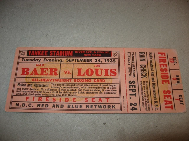 Max Baer Vs. Joe Louis Prize Fight Full Ticket Yankee Stadium 9-24-1935 Max Baer Vs. Joe Louis Prize Fight Full Ticket Yankee Stadium 9-24-1935